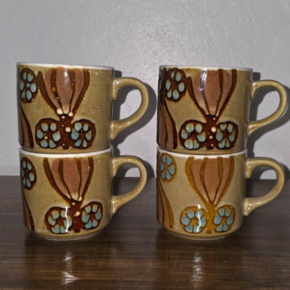 Set Of 4 Vintage MCM 1970s Ceramic Flower Print Coffee Cups/Mugs - READ - Picture 3 of 12